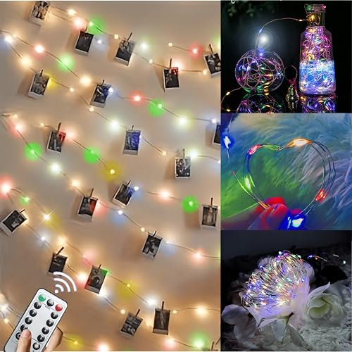 Micorwear Guirlande Lumineuse Photo,100 LED 10M Guirlande Photo,50 Clips,8 Modes,Alimenté par USB/batterie,Avec télécommande,Guirlande Photo pour Noël,Mariages,Interieur,Extérieur Chambre