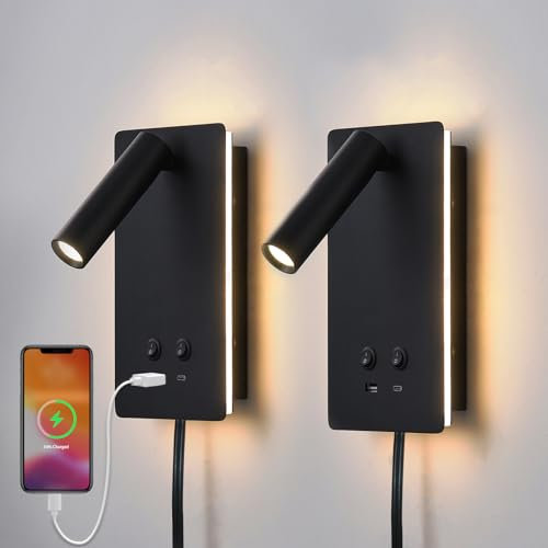 MOLUOLA LED Wandleuchte, Wandmontierte Leselampen Set von 2, Verstellbare Kopfteil Plug-in Wandleuchte mit USB C+A Ports, Kopfteil Nachttischlampe mit 9W+3W Nachtlicht 3000K (Schwarz)