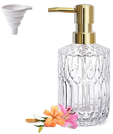 LaMarriti Glass Soap Dispenser with Rust Proof Pump, 13.5 Oz Clear Refillable Hand Lotion Dispenser for Bathroom Countertop and Kitchen, Crystal Vintage Bathroom Accessories, Bathroom Decor