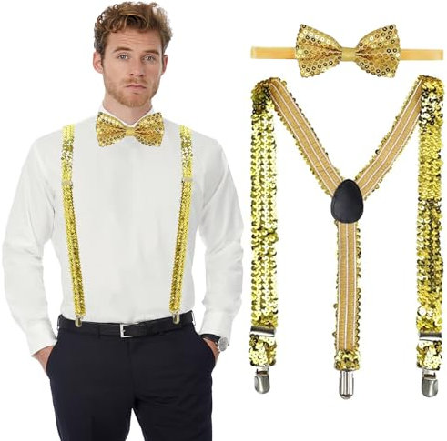 LYNBLY Glitzer Pailletten Hosenträger Set Mit Fliege - Einstellbar Elastisch für Damen Und Herren - Kostüm Party Zubehör für Karneval Und Show