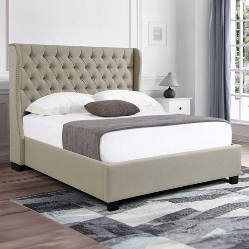 Mobilier-Deco FLEURA - Lit capitonné avec Coffre de Rangement en Tissu Lin Beige 160x200 cm