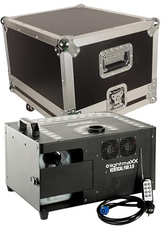 lightmaXX Vertical Fog 3.0, Nebelmaschinen Set mit Case, 3100W Heizleistung, 15m Ausstoßweite, DMX und Fernbedienung, RGB LED, 3.8L Fluid Behälter, 21.3kg