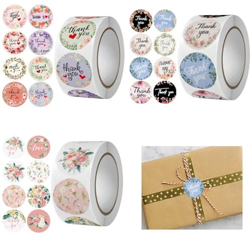 KASESSS 1500 Stück Danke Aufkleber, Selbstklebend Thank You Sticker Floral, Rund Danke Sticker, Dankeschön Aufkleber für Umschläge Karte Einladungen Geburtstag Verpackung Hochzeit Taufe Kommunion