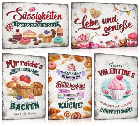 5er Set Küche Essen Schild 20x30cm - Retro Kuchen Torte und Plätzchen Blechschild - Cupcake-Kranz Metallschilder mit Sprüchen Lustig - Süssigkeiten - Lebe und genieße - Küchen Deko Geschenk