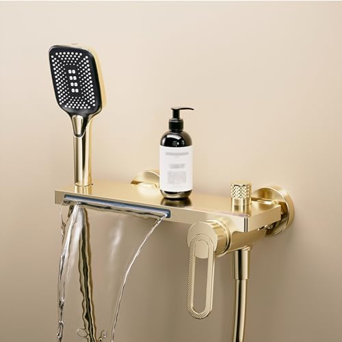 Waterfall Bath Taps Wall Mounted Tap Bath Shower Bathroom Mixer Taps with Shower Attachment Bathroom Tub Filler Taps Chrome, XIAOXSIO, Brushed Gold,