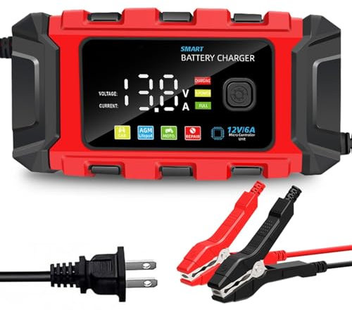 Caricabatterie per Auto,Carica Batteria Manutentore per Auto e Moto 6A/12V Caricatore Portatile con Intelligente Schermo LCD per Caricare e Riparare Batterie al Piombo-Acido Rosa