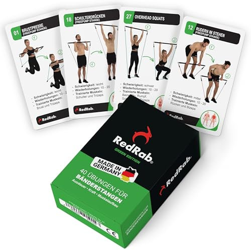 RED RAB Trainingskarten für Widerstandsbänder Stange Krafttraining - Fitness Stange Set - Fitness Spiel für Fitnessbänder mit Stange als Home Gym, Resistance Bands & Bar, Workout Bar, Training zuhause
