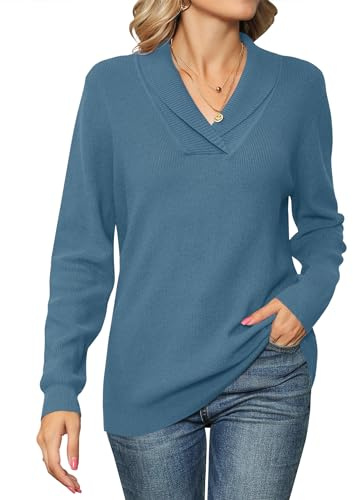 IECCP Ladies Jumpers V Neck Women's Long Sleeve Tops Lapel Knit Sweater Solid Color Pullover Gray Blue XL