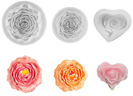3 Stück Kerzen Formen Silikon Rosen Herz-Rosen Pfingstrose Silikonformen Gießformen Frühling Kerzen Kerzenformen zum Gießen Blumen 3D