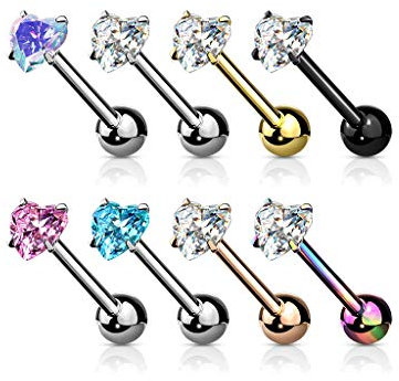 beyoutifulthings Zungen-piercing SET Herz-Zirkonia 6-mm Silber Gold Roségold Universal-Piercing Chirurgenstahl Barbell-s Stab-länge 16-mm