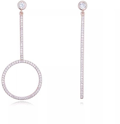 LÖB Ohrstecker 750er Roségold Vergoldet Zirkonia Asymmetrisch, Damen Ohrringe Glitzer Strass Stein Kreis Offen Stab Lang Modern Geometrisch Rose Gold Schmuck