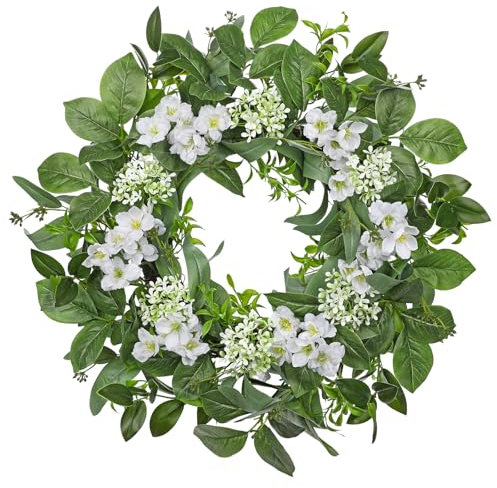Briful 24 Artificial Door Wreath Silk Flower White Artificial Flowers Wreath, Summer Wreaths for Front Door Artificial Greenery for Wall Windows Summer Decorations