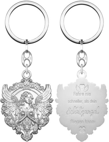 Anwlki Schutzengel Schlüsselanhänger Engel Auto Schlüsselanhänger Anhänger Medaille Plaketten Fahre nie schneller als dein Schutzengel fliegen kann Auto Motorrad Autofahrer Schutzpatron (Silber)