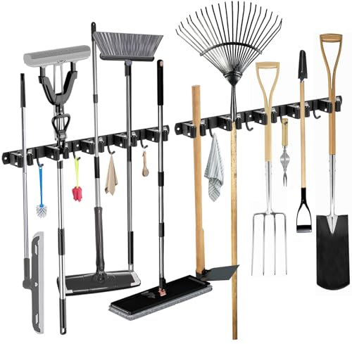 2 Stück Besenhalterung Wand, 10 Halter + 8 Haken Schwerlast Gerätehalter Selbstklebend, Gartengerätehalter aus Edelstahl, Besen Mop Halter Wandhalterung für Küche, Badezimmer, Garage, Garten, Schwarz