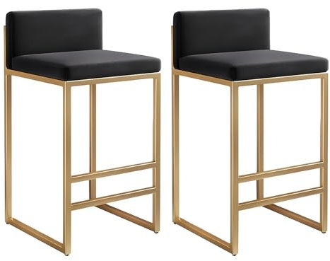 Juego de 2 taburetes de cocina con patas de hierro forjado y respaldo ergonómico, taburete alto para isla de cocina y taburete de bar de 65 cm