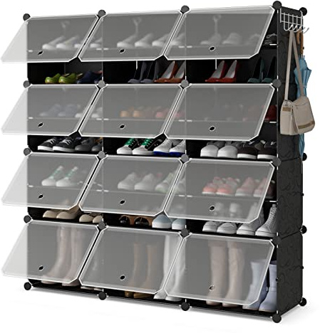 COSTWAY Scatole per Scarpe, Set di 12 Organizzatori Porta Scarpe Impilabili, Contenitore per Scarpe in PP Trasparente, per Ingresso, Corridoio e Armadio, Nero (Nero)