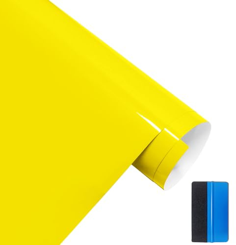 NewL Rotolo di pellicola in vinile ultra lucida, con canali di rilascio dell'aria, per tettuccio auto, montante e moto, colore giallo, 30 cm x 150 cm | Finitura ultra lucida, attrezzi installazione inclusi, adesiva, canali rilascio aria, per auto, moto e mobili