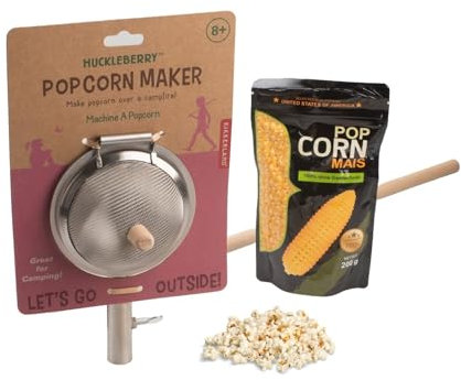 Huckleberry Popcorn Maker Set mit Holzstab & Hopser Butterfly Popcornmais – Spaß für Kinder & Erwachsene am Lagerfeuer, Grill & Kamin