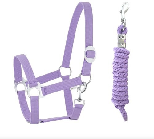 Halfter Führstrick Set mit Karabinerhaken verstellbar Pferdehalfter Pferd Holzpferd Anbindestrick (Karabinerhaken Lavender, Pony)
