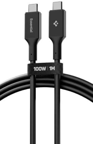 Spigen Essential 100W USB C Kabel, USB C auf USB C Kabel, Schwarz/1M | PD 3.0 Ladekabel, E-Marker Chip, Schnellladekabel für iPhone 17/16, Samsung Galaxy S26, Google Pixel 11 Pro XL Fold, MacBook