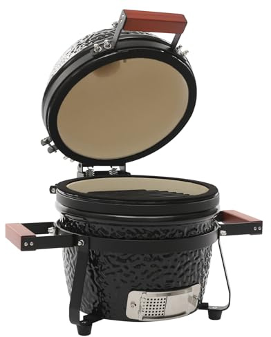 Keramik Kamado Grill, 32cm-Holzkohlegrill mit Thermometer und Holzgriffen, Keramikgrill rund, Keramik BBQ Holzkohle Grill für Camping, Grillfest, Picknick