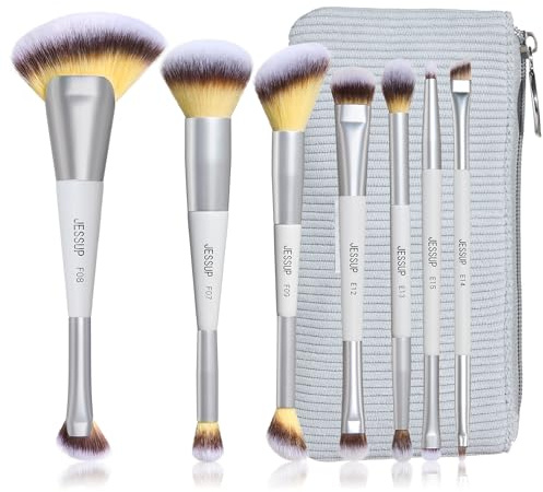 Jessup 7tlg doppelseitiges Make-up Pinsel Set mit Etui Gesicht Augen T520 | Reisefreundlich, ultraweiche dreifarbige Fasern, geringe Produktaufnahme, nahtloses Verblenden, kompakt und geschenkbereit
