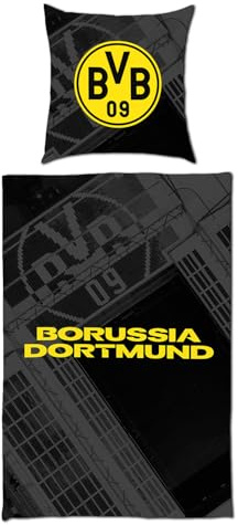 Dortmund BVB Biberbettwäsche Stadion 135 x 200cm | Stadion Luftbild Design, 80 x 80 cm Kissen, 100% Baumwolle, mit Tragetasche
