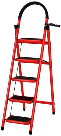 Escabeau Pliable, Escabeau Pliable avec Rampe, Grandes Marches, Petite Échelle Domestique pour La Cuisine, Facile à Utiliser, Capacité Charge 180kg,152 x 87 x 39 cm – 5 étapes (Rouge)