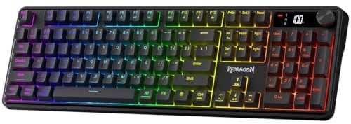 Redragon K526 PRO Wireless RGB Membrane Gaming Keyboard, LED Screen & Knob | See Battery, Mode & Time at a Glance, 0-Delay Tri-Mode, One-Touch Backlit & Media Adjust, 26-Key Anti-Ghost for Combo-Strike