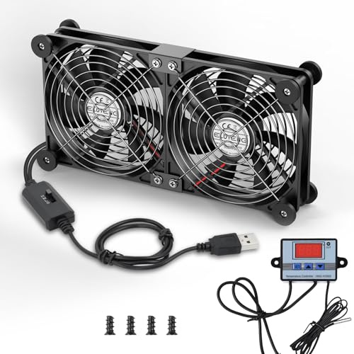 ELUTENG 2 in 1 USB Lüfter 140mm, 5V Doppelt USB Ventilator mit 8 Dämpfungsfüßen und Digitalem Temperaturregler, 14cm PC Lüfter mit 3 Geschwindigkeitenfür PS5, PS4, Laptop, TV Box, Router