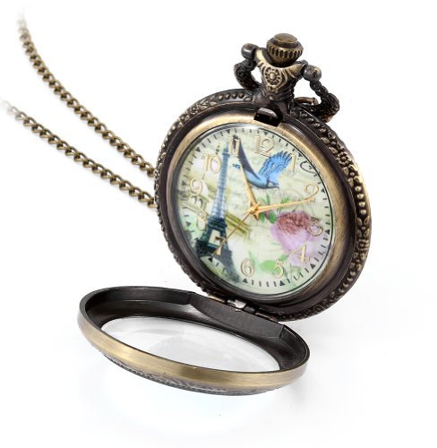JewelryWe Retro Vintage Style French Tower Pocket Watch Pendant Rose and Bird Design Mens Women's Locket Watch 31 Chain Included (with Gift Bag)