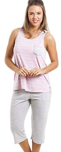 Camille Womens Lightweight Striped Cropped Pyjama Set 10-12 Pink