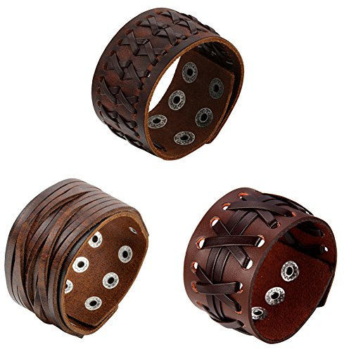 OIDEA Retro Echtleder Armband braun breit Set, Punk Stil mit Druckknopf, 3Pcs