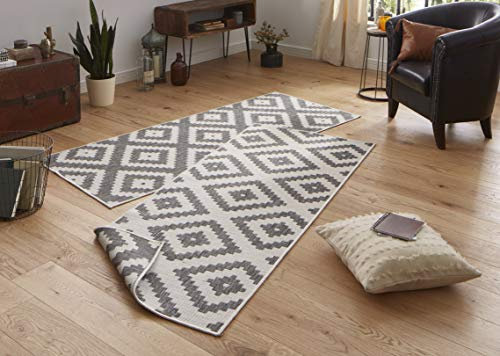 NORTHRUGS Outdoor Teppich Malta-Wendeteppich Wetterfest Modernes Geometrisches Muster Läufer für Balkon Terrasse Garten Wintergarten Wohnzimmerteppich Wasserfest, Polypropylen, Grau,Creme, 80x250cm