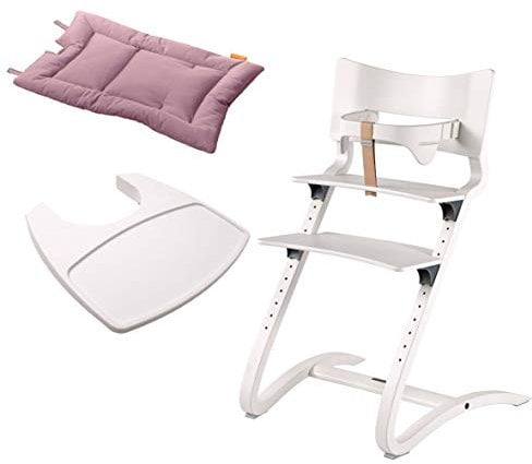 Leander Stuhl weiß - Hochstuhl - Kinderstuhl - Erwachsenenstuhl mit Babybügel + Tablett weiß + Kissen dusty rose