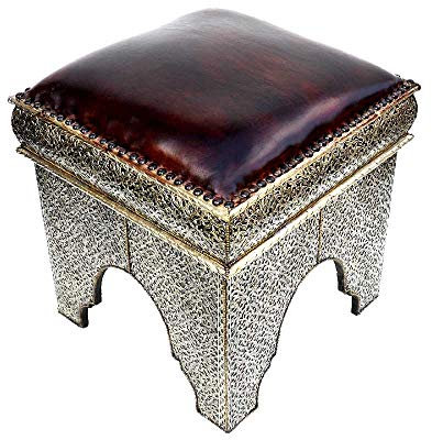 Asiatischer Hocker Leder Braun | Messing Silber Orientalischer Sitzhocker Polsterfläche Echtes Leder Marokkanischer Fußteil Sitzhöhe 50 cm Dekorative osmanischen Design Sitzwürfel Sitzpouf 130130