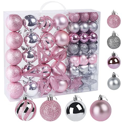 60 Pezzi Palle per Albero di Natale. Decorazione Glitter in Color Rosa e Argento in Plastica, con Stella, Catena, Scatola, Addobbi Appesi