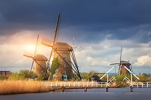 BILD TAPETE PAPERMOON, Windmühlen Kinderdijk Sonnenuntergang,VLIES Fototapete, Digitaldruck, ink. KLEISTER, verschiedene Größen