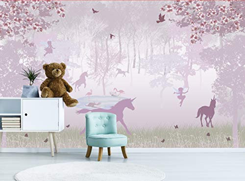 Papier peint photo pour chambre d'enfant Motif licornes de la forêt rose 366 x 254 cm