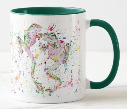 Vixar Frog Dancing Watercolour Rainbow Art Coloured Mug Cup Gift Birthday Work Office Christmas Tea Coffee (D Green)