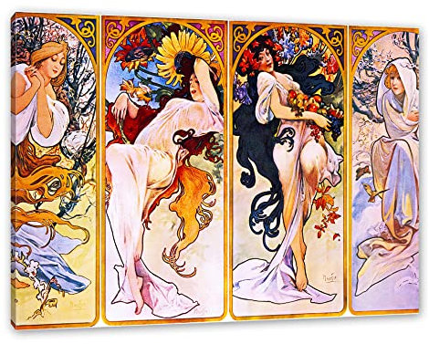 Pixxprint Alfons Mucha - Vier Jahreszeiten, Größe: 100x70cm, Leinwandbild, fertig gespannt, Wandbild, Dekoration, Kunstdruck, kein Poster