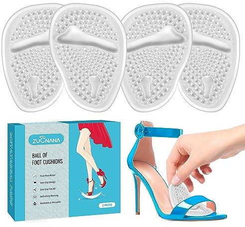 ZUCNANA Ball of Foot Cushions (2 Pairs Gel Shoe Inserts), Heel Inserts for Women, Non Slip Heel Pads, Heel Cushions for Women Foot Pain Relief and Comfort, One Size Fits Any (Clear)