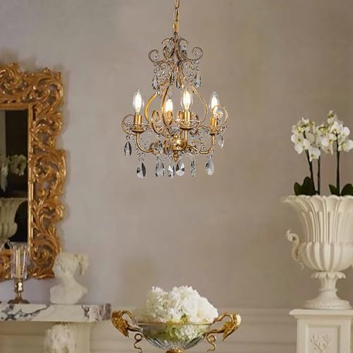 ALOADECOR Vintage Elegance 4-Light Antique Gold Candlestick Chandelier B34cm Small Pendelleuchte mit Kristall Perlen Akzente für Küche Insel Foyer Schlafzimmer