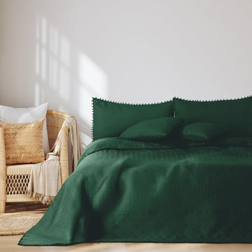 AmeliaHome Tagesdecke mit Pompons 200x220 cm Bettüberwürf zweiseitig Ultrasonic Steppung Polyester Meadore Dunkelgrün