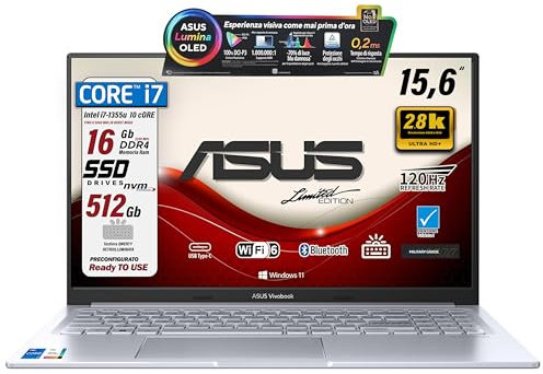 ASUS Notebok Vivobook OLED Display 2,8K 15.6 2880x1620, Cpu iNTEL I7 1355u, 10 Core, Ram 16Gb, SSD 512Gb Nvme, Win11, wi-fi 6, webcam, Usb3.2, Hdmi, Bt5.3, Tastiera retroilluminata, Preconfigurato