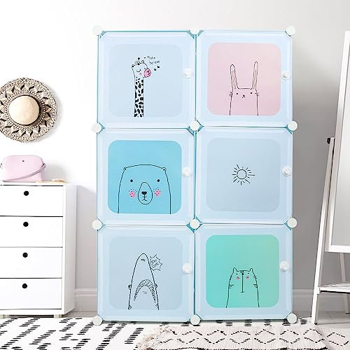 XDAILUYYDS Kleiderschränke, Würfel Schrank aus Kunststoff mit Hängender Stange, Tragbarer Regalsystem, Würfel Schrank aus Kunststoff, DIY-Regalsystem Kleiderschrank. (74 * 37 * 110cm/6 Fächer/Blau)