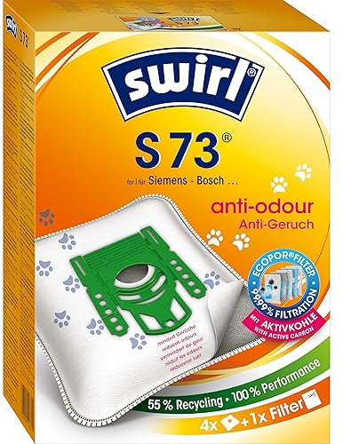 Swirl S 73 EcoPor Anti-Geruch Staubsaugerbeutel (4 Beutel), reißfeste Staubbeutel für einige Siemens & Bosch Staubsauger, mit Geruchsfilter, 99,9 % Filterung von Hausstaub & allergenem Feinstaub