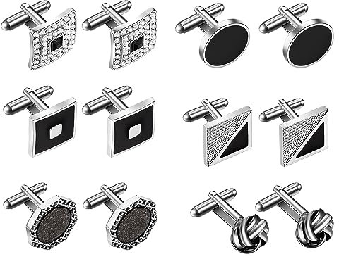 JewelryWe Manschettenknöpfe Herren - 6 Paar Rund Rechteck Quadrat Achteck Kugel Strass Cufflinks Männer Legierung Manschetten Knöpfe Geschenk für Hochzeit Verlobung