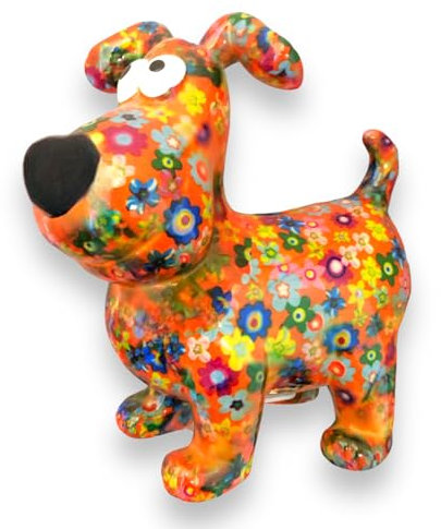 Pomme Pidou Spardose Hund Hugo Blumen Motiv in orange Sparschwein aus Keramik mit Tiermotiv H20,2 x B10,5 x T19 cm farbenfrohe Sparbüchse als Geschenkidee
