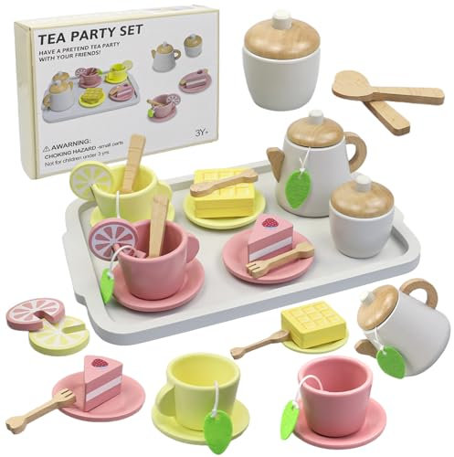 AIVORO Service à thé Enfant Dinette Enfant 3 4 5 6 Ans, Services à Thé en Bois Bébé, Tea Party Jeux de Rôle, Dinettes Jouet Cuisine, Cadeau Créatif Anniversaire Pâques Halloween Garçon Fille, 21Pcs
